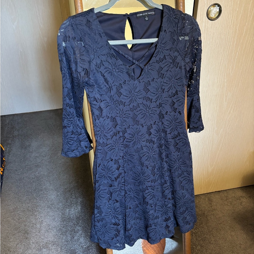 Navy blue lace flared dress, size S